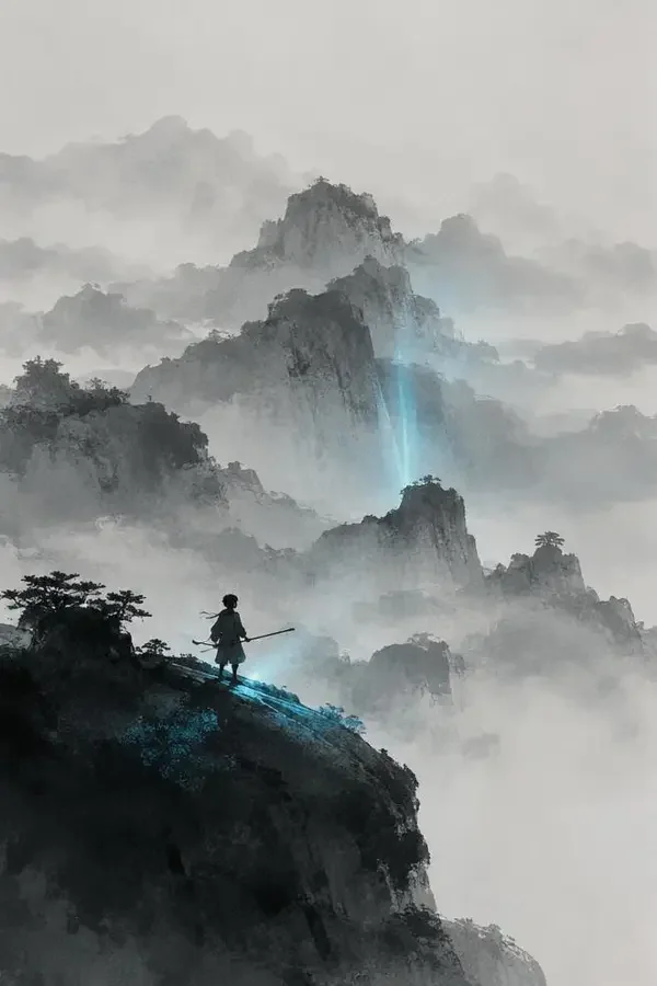 《山海简妖》海报：水墨层叠山峦间的少年剪影